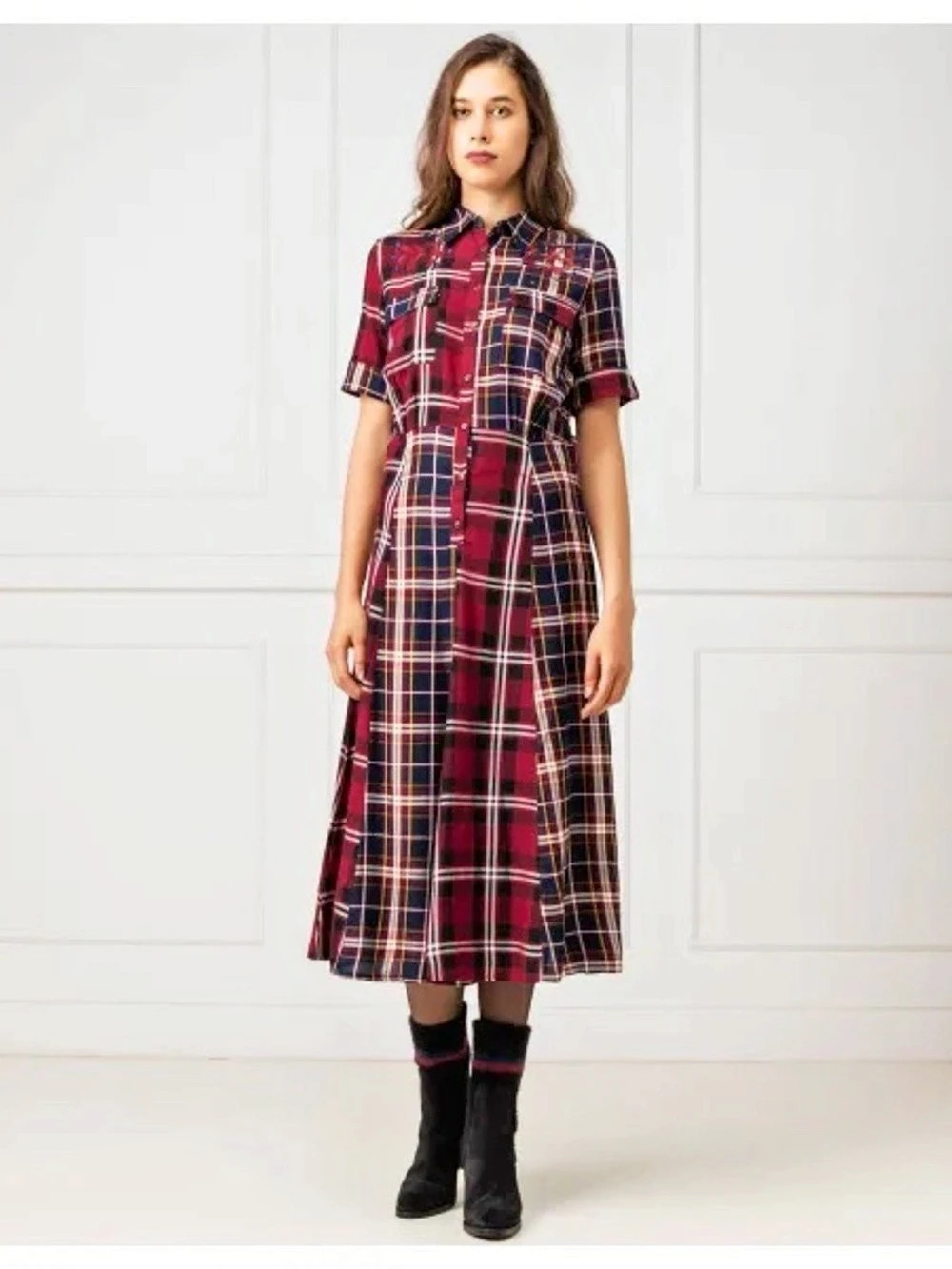 Desigual Rosada Plaid Shirt Dress Midi Red & Blue Small